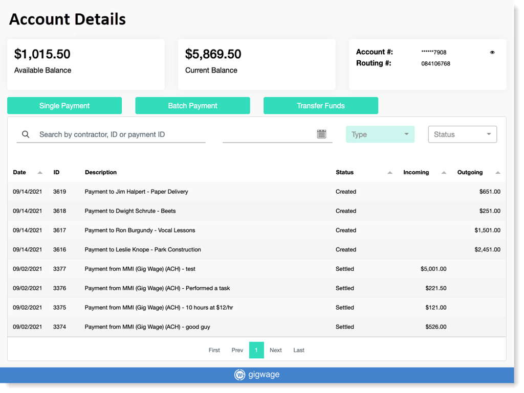 gig wage account summary